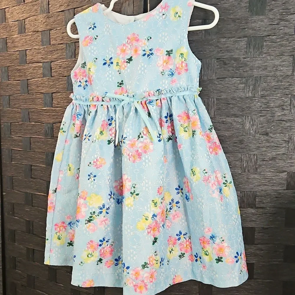 Blueberi Boulevard Blue Floral Lace Dress - Ribbon Bow - Size 3T - Back Cutout